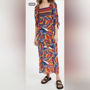 Farm Rio Rainbow Toucans Smocked Midi Dress